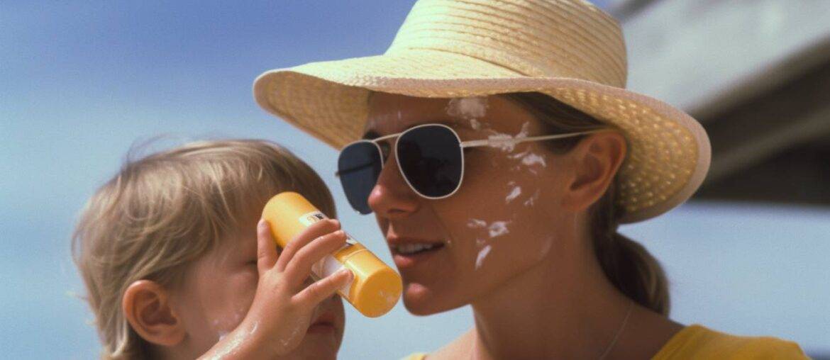 Mama trägt Kind Sonnenschutz auf