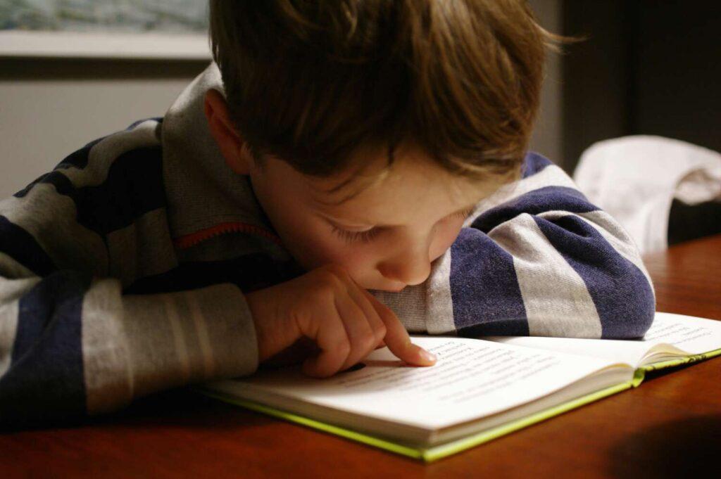 Auch ein Buch ist sinnvoll. Die Mischung mit LernApps macht es. Hier liest ein Junge ein Buch statt mit Sofatutor zu lernen.